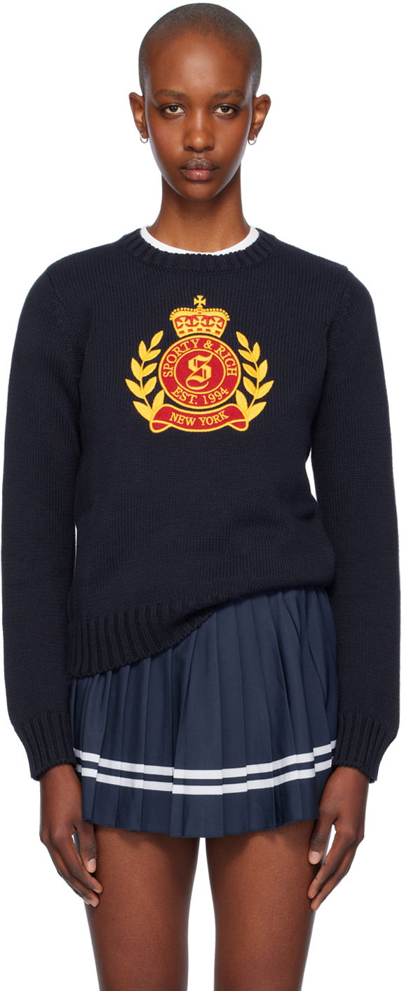 Pleteni pulover Sporty & Rich Crest Knitted Crewneck Sweater Mornarica | WS065516243BL32
