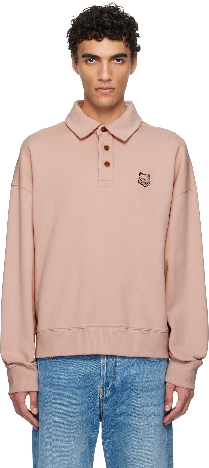 Pleteni pulover MAISON KITSUNÉ Maison Kitsuné Fox Head Fleece Oversize Polo Roza | OM00211KM0001