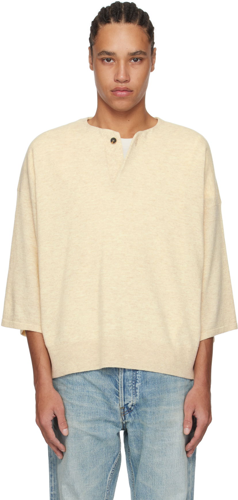 Pleteni pulover Fear of God Fear of God Fine Knit Henley Bež | FGE220-213LAW