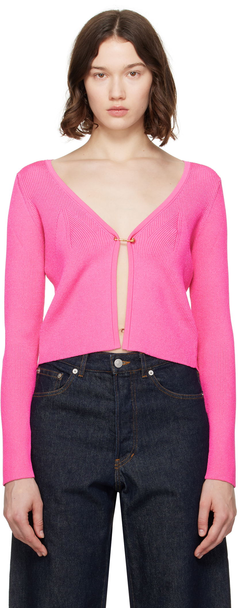 Pleteni pulover Versace Versace Safety Pin Ribbed Knit Cardigan Roza | 1020887_1A12699