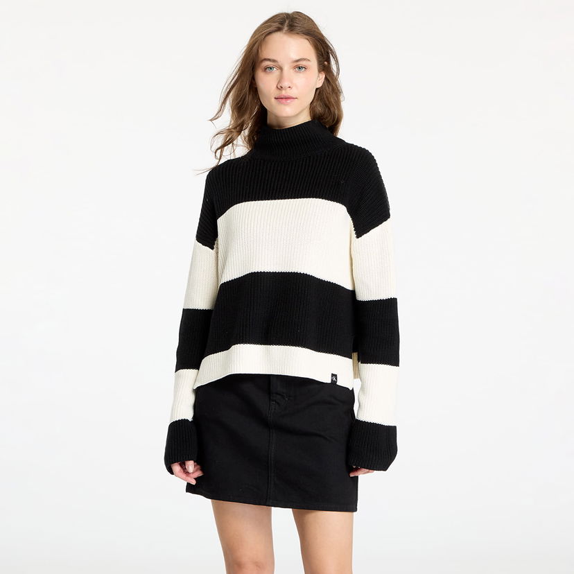 Pleteni pulover CALVIN KLEIN Chunky Loose High Neck Sweater Ivory/ Black Stripe Črna | J20J224227 YBI