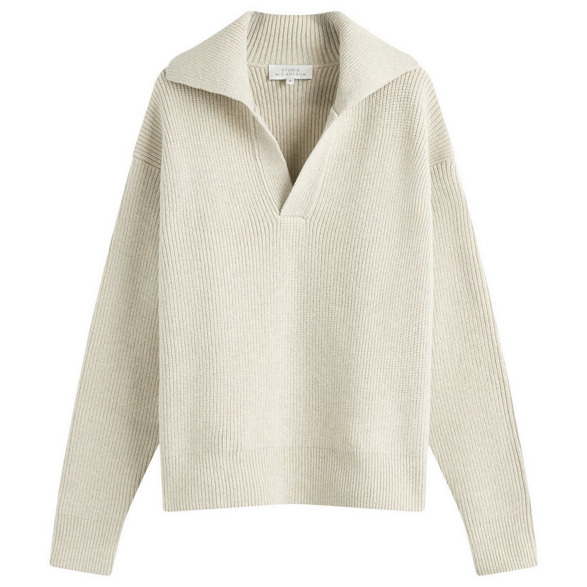 Pleteni pulover Studio Nicholson Studio Nicholson Nash Rib Polo Knit, Size Large Bež | NASHSNM-1295-NTL