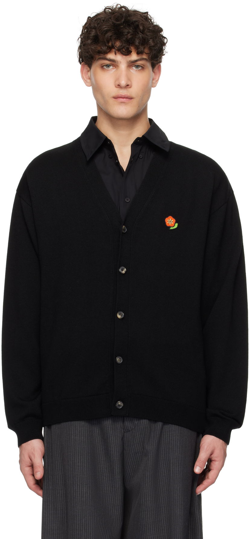Pleteni pulover KENZO Wool Cardigan With Flower Applique Črna | FF55CA7263LB