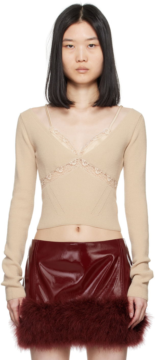 Krop-top Blumarine Lace Trimmed Knit Top Bež | A422M460A