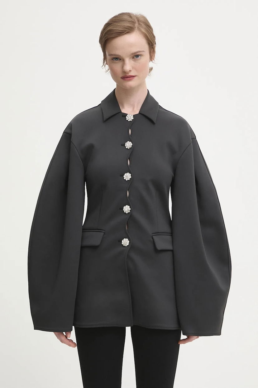 Jakna GANNI Scuba Neoprene Blazer with Voluminous Sleeves and Crystal Buttons Črna | W0516