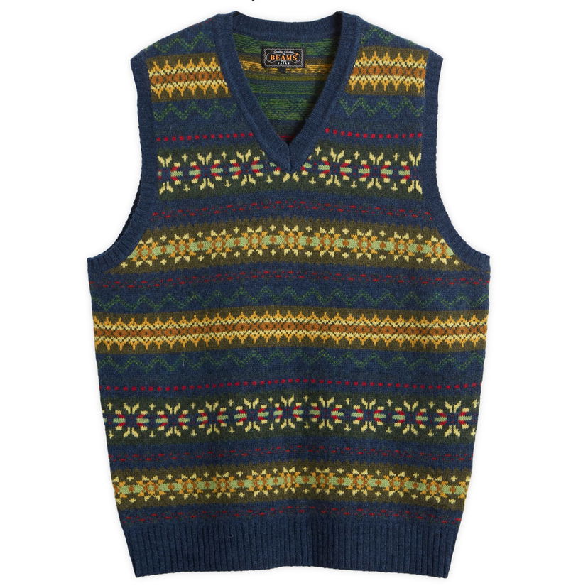Pleteni pulover BEAMS Plus Fair Isle Knit Vest Mornarica | 3805-0055-103-79
