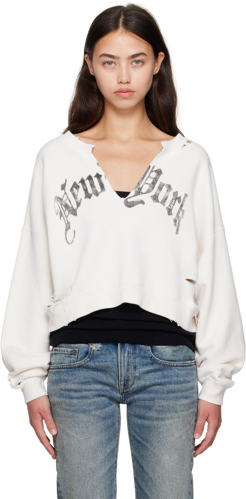 Pulover R13 R13 Cropped Front Slit 'New York' Sweatshirt Bela | R13WK251-K099B