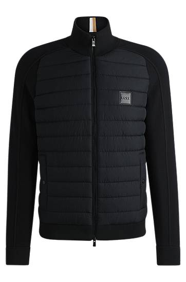 Puhovka BOSS BOSS Mixed-Material Zip-Up Jacket with Logo Badge Črna | 50526835
