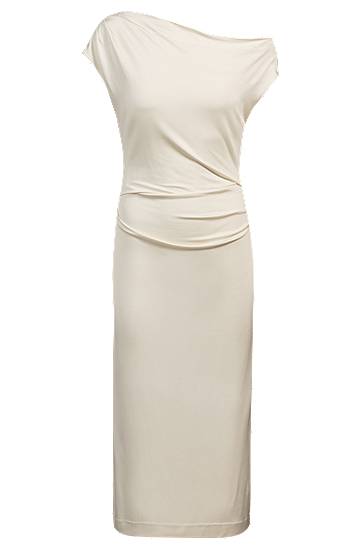 Obleke BOSS Stretch Jersey Off-The-Shoulder Dress Bež | 50540871