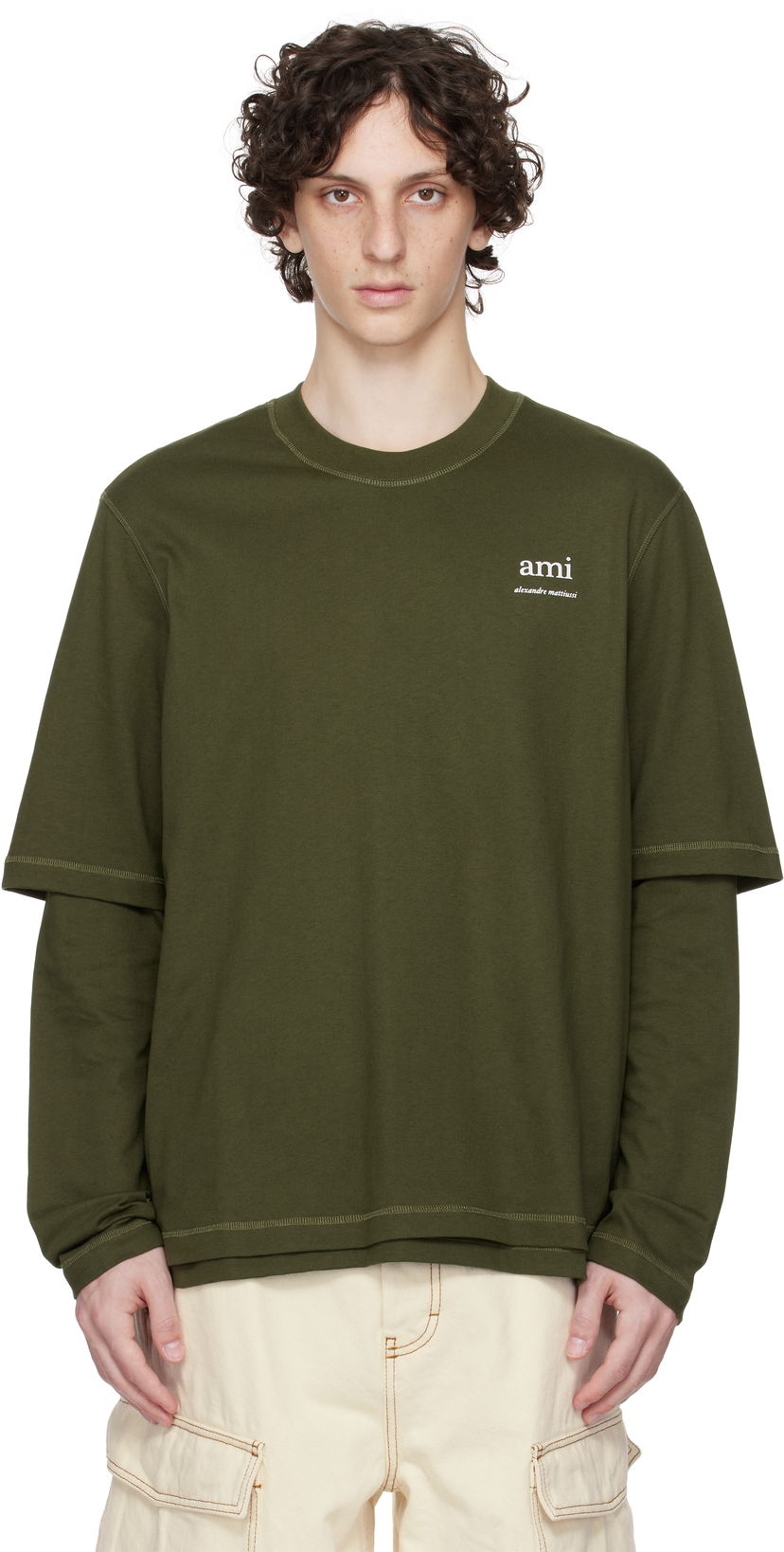 Majica AMI AMI Double Layered Long Sleeves T-Shirt Zelena | HTS248.JE0119