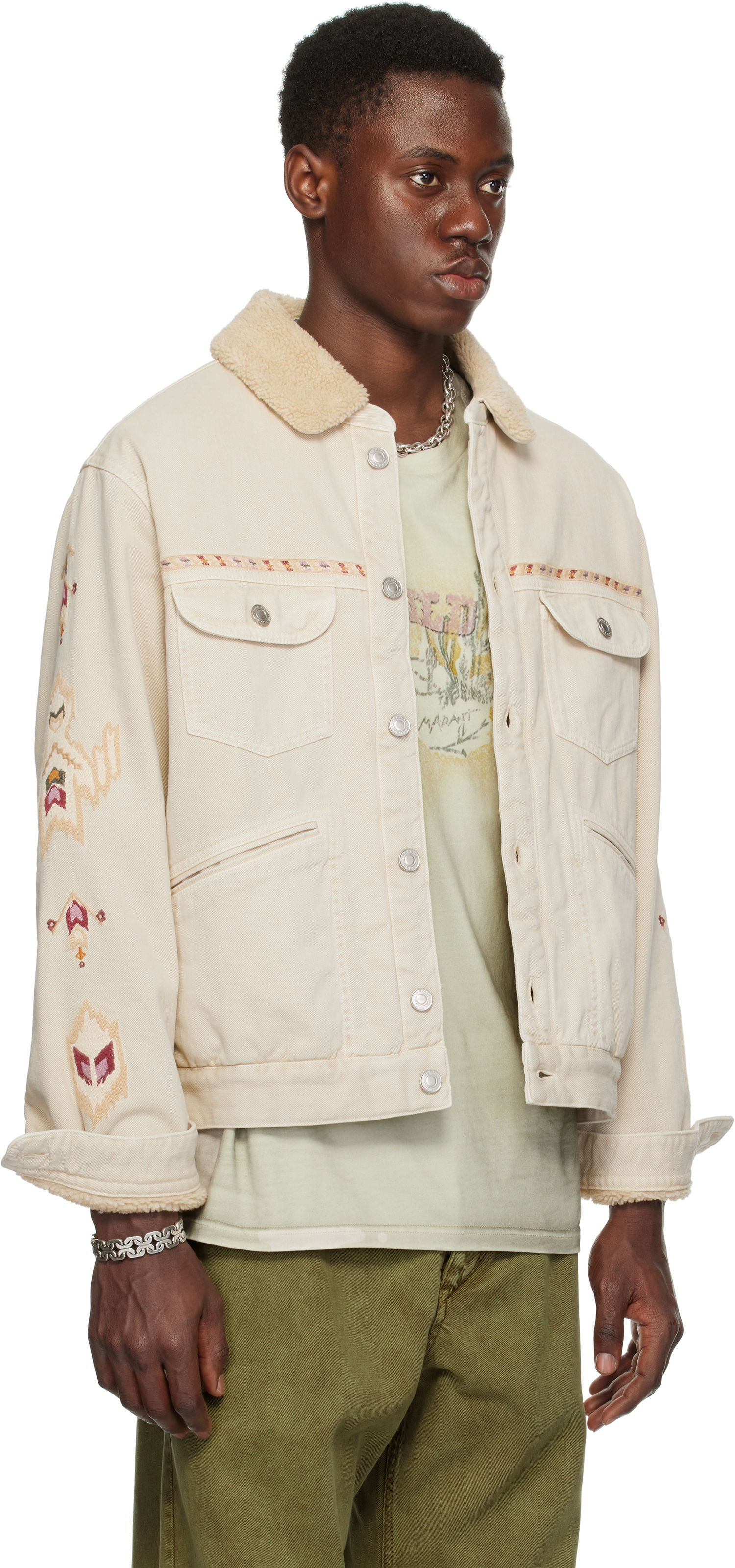 Jakna ISABEL MARANT Isabel Marant Jenson Embroidered Sherpa Denim Jacket Bež | 25PVE0184HA-C1H02H, 1