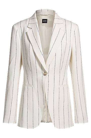 Jakna BOSS Slim-Fit Striped Linen-Blend Bouclé Suit Jacket Bela | 50537464