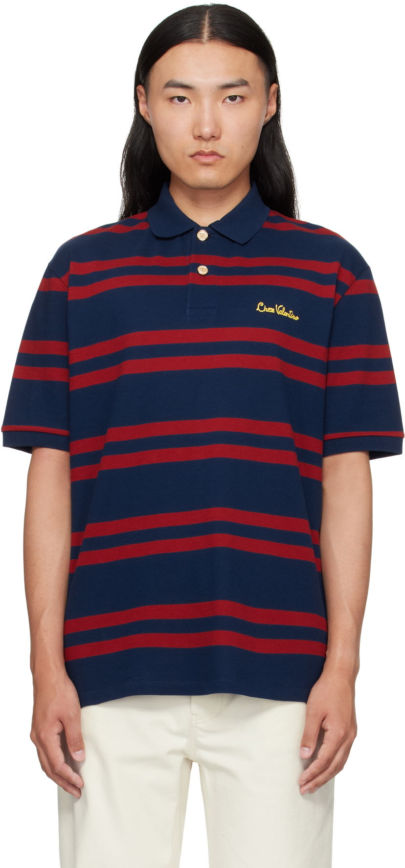 Polo majica Valentino Valentino 'Chez Valentino' Cotton Piqué Polo Mornarica | 7V3MH04CAYN