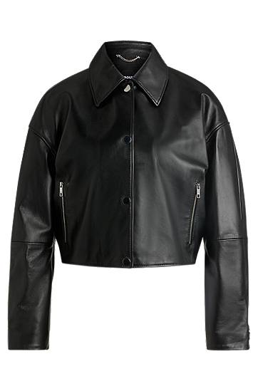 Bomber jakna BOSS Cropped Leather Jacket Črna | 50535759