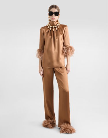 Srajce Dolce & Gabbana Double Satin Turtle-neck Top With Feathered Detailing Rjava | F7AL6TFU1NUM0180, 1