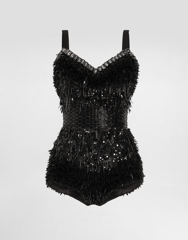 Bodi Dolce & Gabbana Dolce & Gabbana Sequined and Micro-Beaded Bodysuit Črna | F78JEZGDC0IS9021, 0