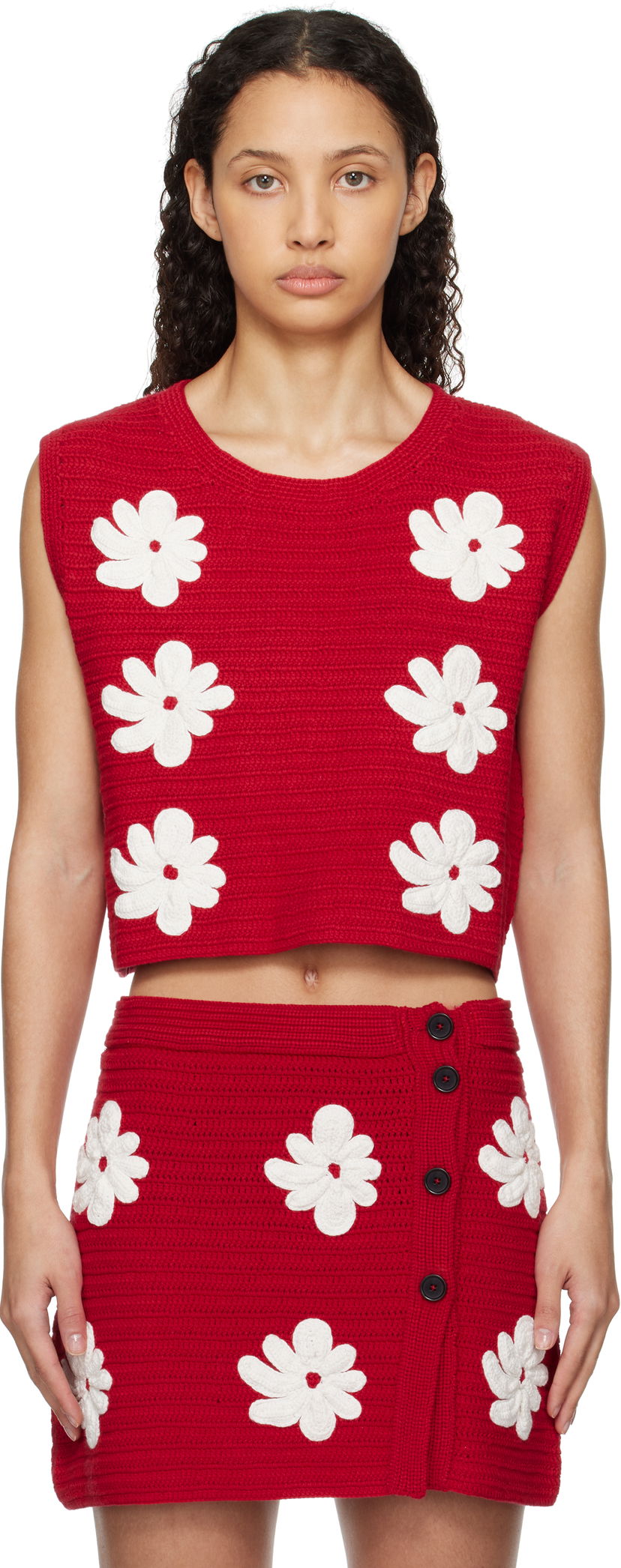 Krila MSGM MSGM Crocheted Flower Appliqué Sweater Vest Rdeča | 3841MDT194 257286