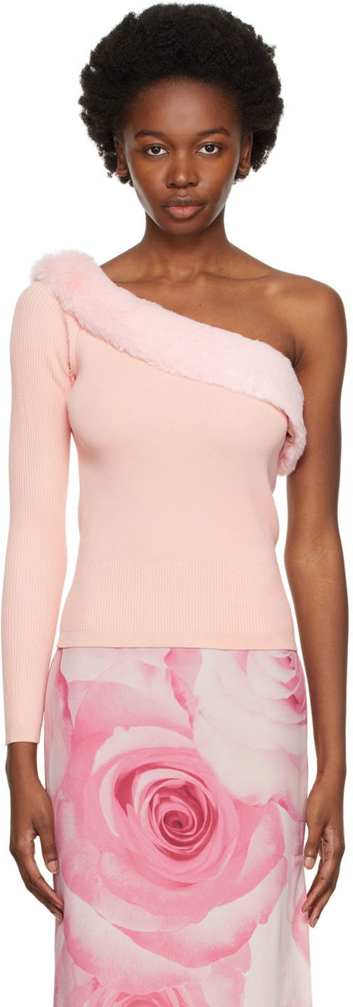 Pleteni pulover Blumarine One Shoulder Faux Fur Trimmed Sweater Roza | 2M181A