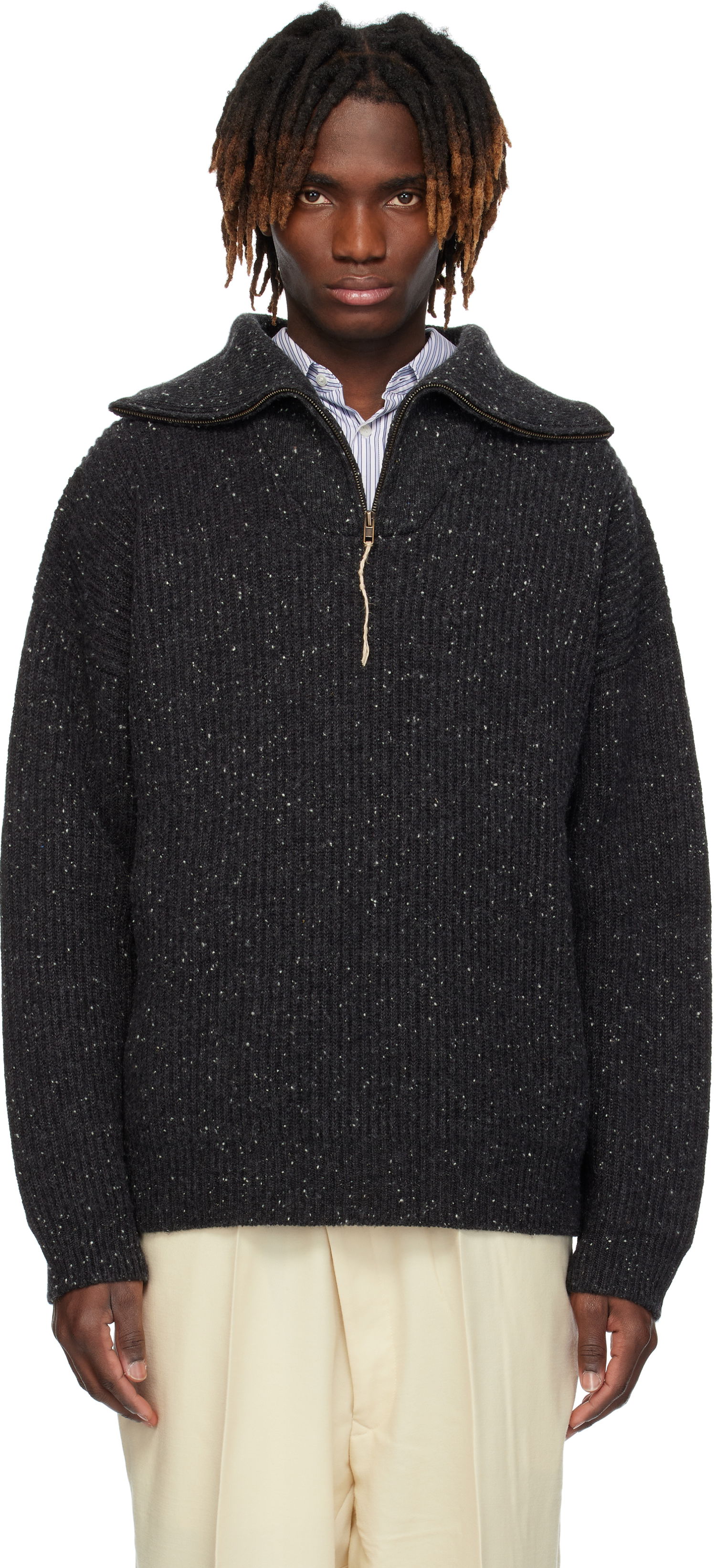Pleteni pulover Maison Margiela Maison Margiela Half-Zip Donegal Wool Sweater Siva | S50HL0039 M13094, 0
