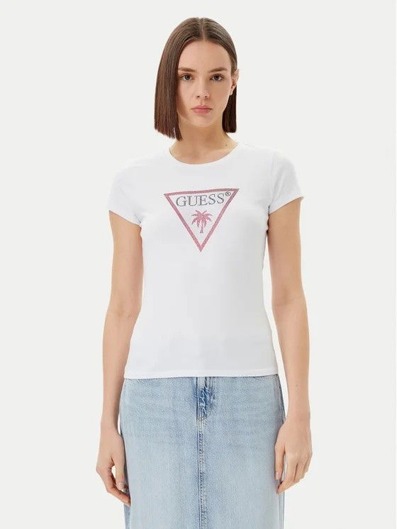 Majica GUESS Guess Triangle Rhinestones Short Sleeve T-Shirt Bela | E5GI08J1314-G011