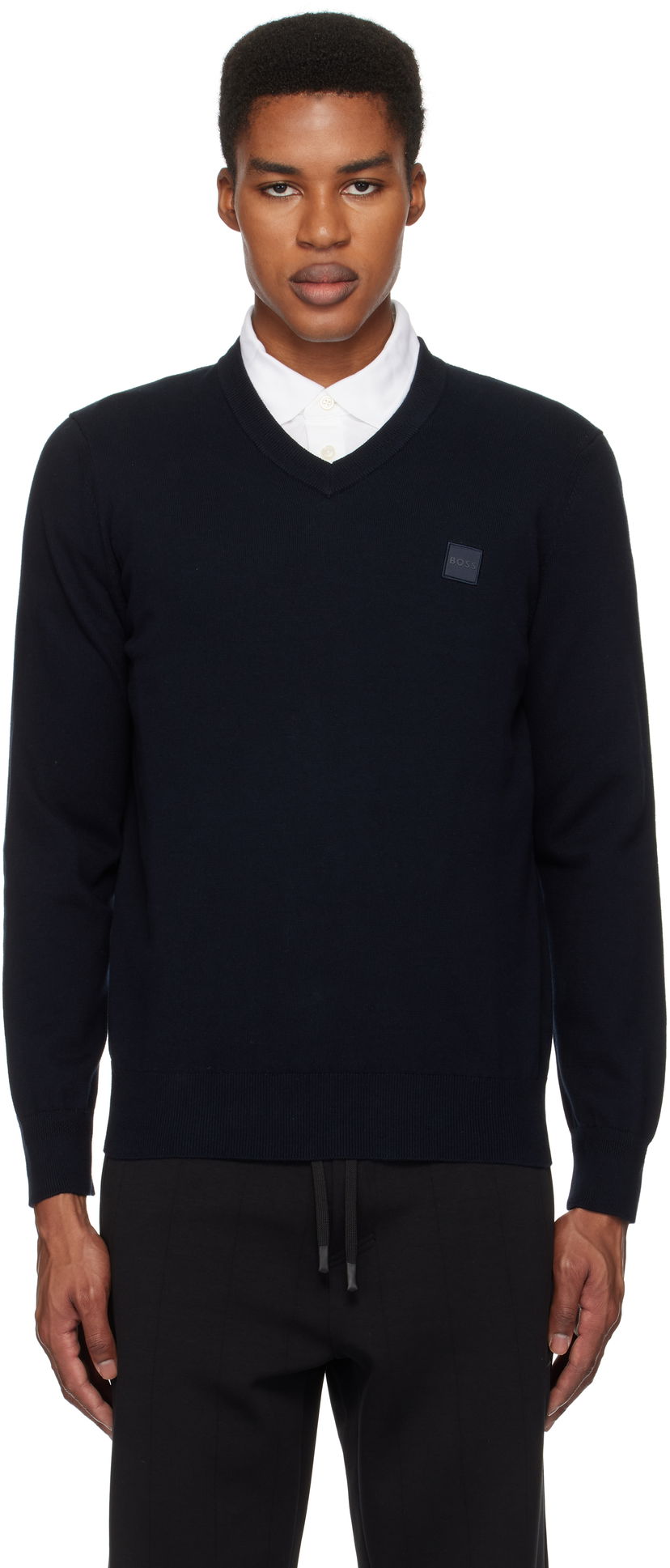 Pleteni pulover BOSS V-Neck Logo Patch Sweater Mornarica | 50534120