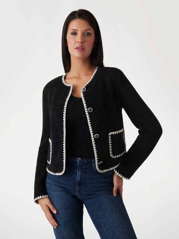 Pleteni pulover GUESS Guess Cropped Knit Jacket with Contrast Trim and Patch Pockets Črna | W5RN20WGVQ2, 0