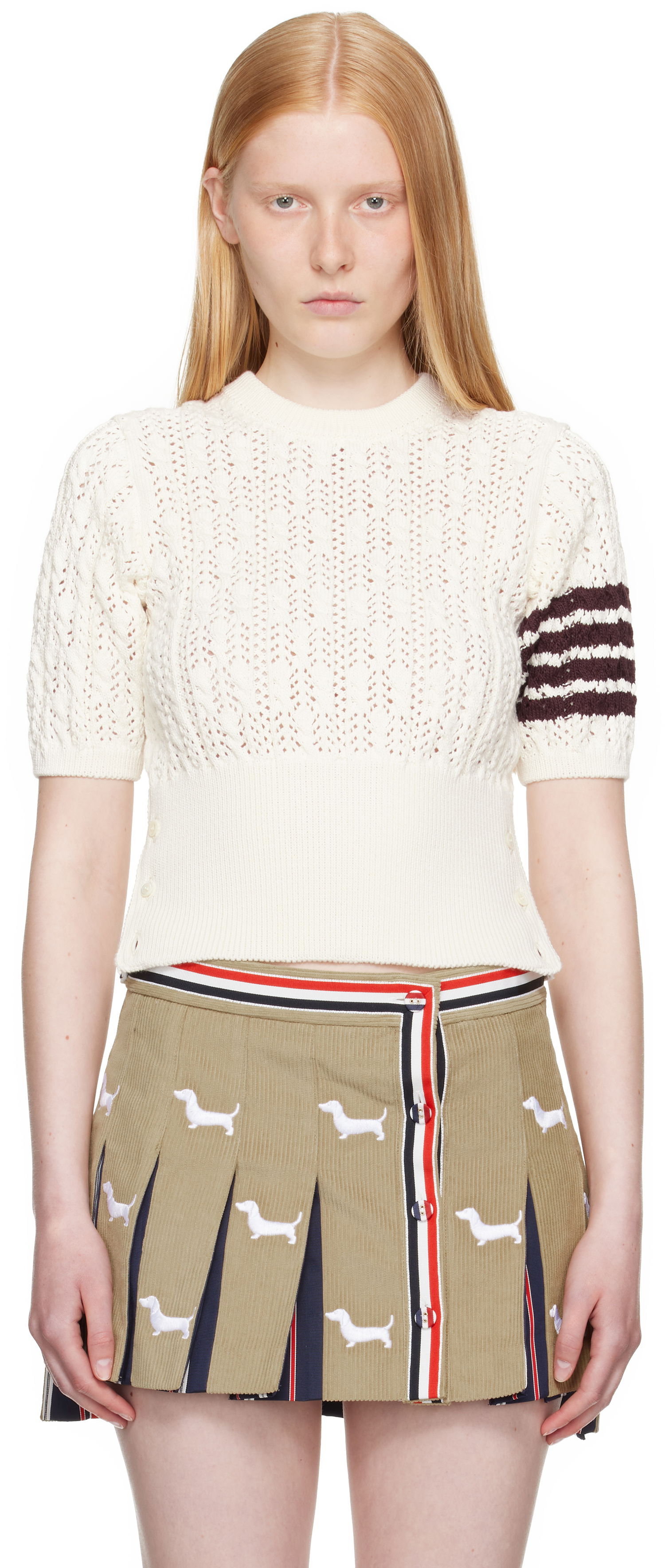 Pleteni pulover Thom Browne Thom Browne Pointelle Cable Stitch 4-Bar Sweater Bela | FKA495A-Y3017, 0