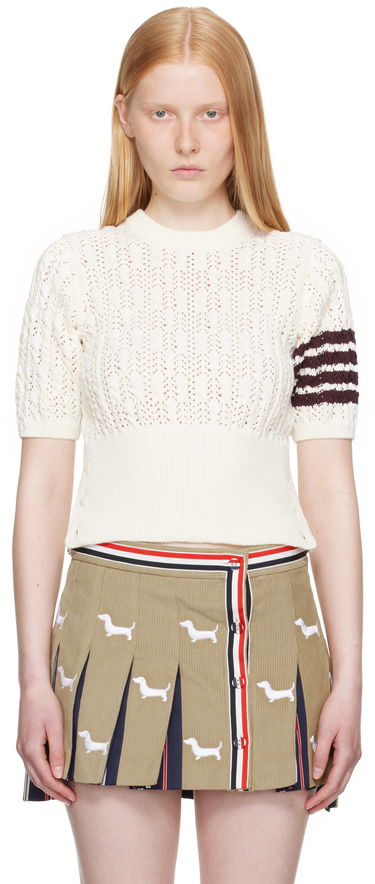 Pleteni pulover Thom Browne Thom Browne Pointelle Cable Stitch 4-Bar Sweater Bela | FKA495A-Y3017, 0