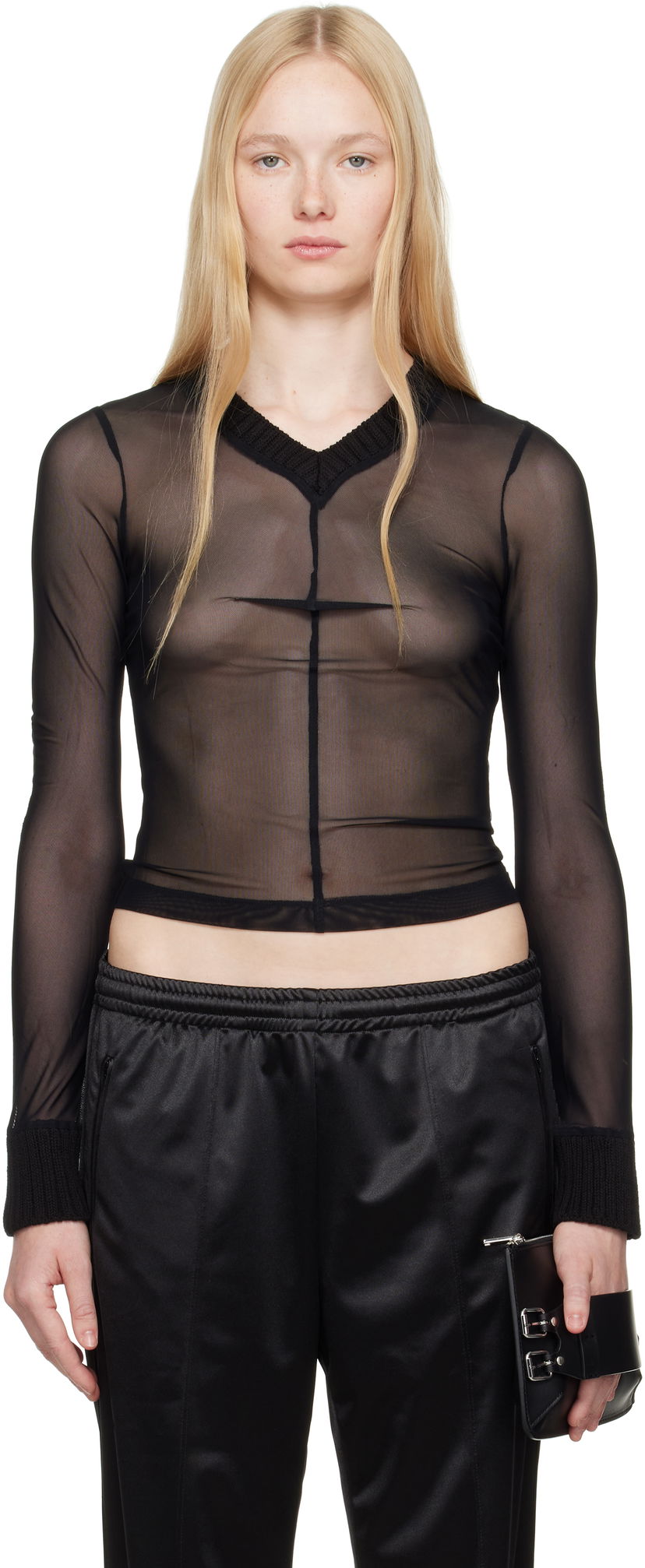 Pleteni pulover Maison Margiela MM6 Maison Margiela Elastic Jersey Mesh Long Sleeve Top Črna | S62NH0039 S24423