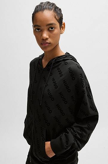 Pulover BOSS HUGO Zip-Up Hoodie with Flock-Print Logos Črna | 50531659, 1