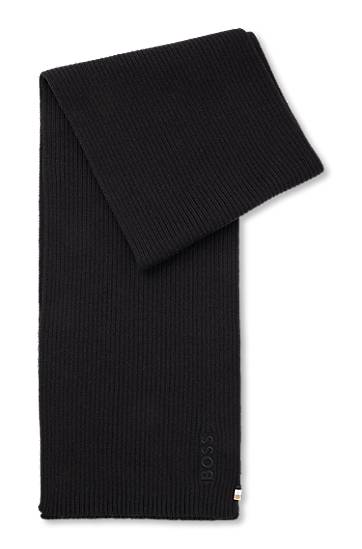 Šala BOSS Ribbed Cotton-Blend Scarf with Logo Detail Črna | 50522441