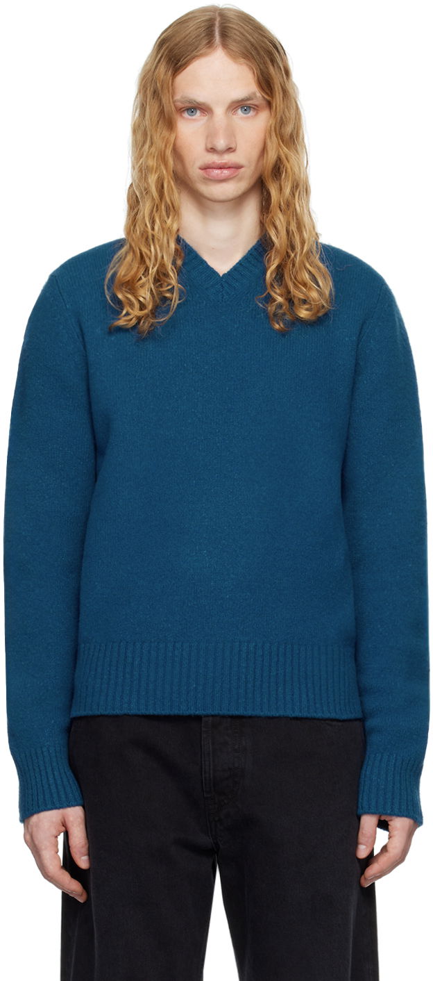 Pleteni pulover The Row The Row Nigel V-Neck Sweater Modra | 744-Y766