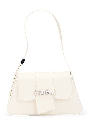Torba za čez ramo BOSS HUGO Faux-Leather Shoulder Bag with Logo Hardware Bela | 50541806