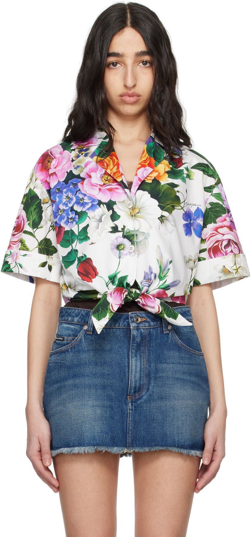 Srajce Dolce & Gabbana Dolce&Gabbana Floral Print Tie-Front Shirt Bela | F5T30T HS5S6