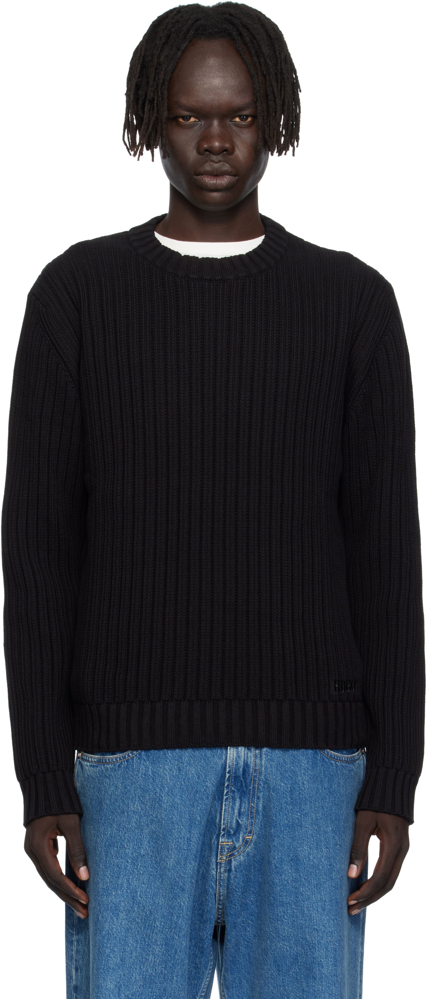 Pleteni pulover BOSS Hugo Embroidered-Logo Ribbed Knit Sweater Črna | 50546863, 0