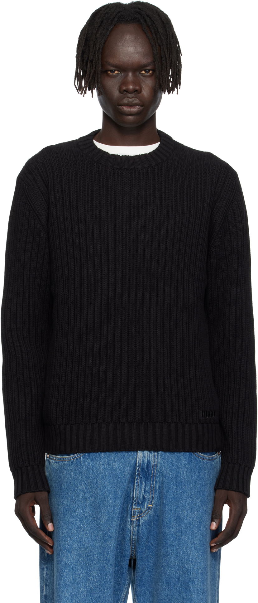 Pleteni pulover BOSS Hugo Embroidered-Logo Ribbed Knit Sweater Črna | 50546863
