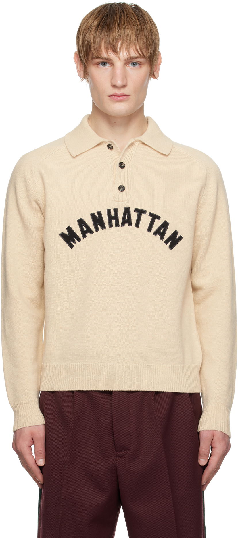 Pleteni pulover Bode Knit Polo with Embroidered Logo Bež | MRF24KT008