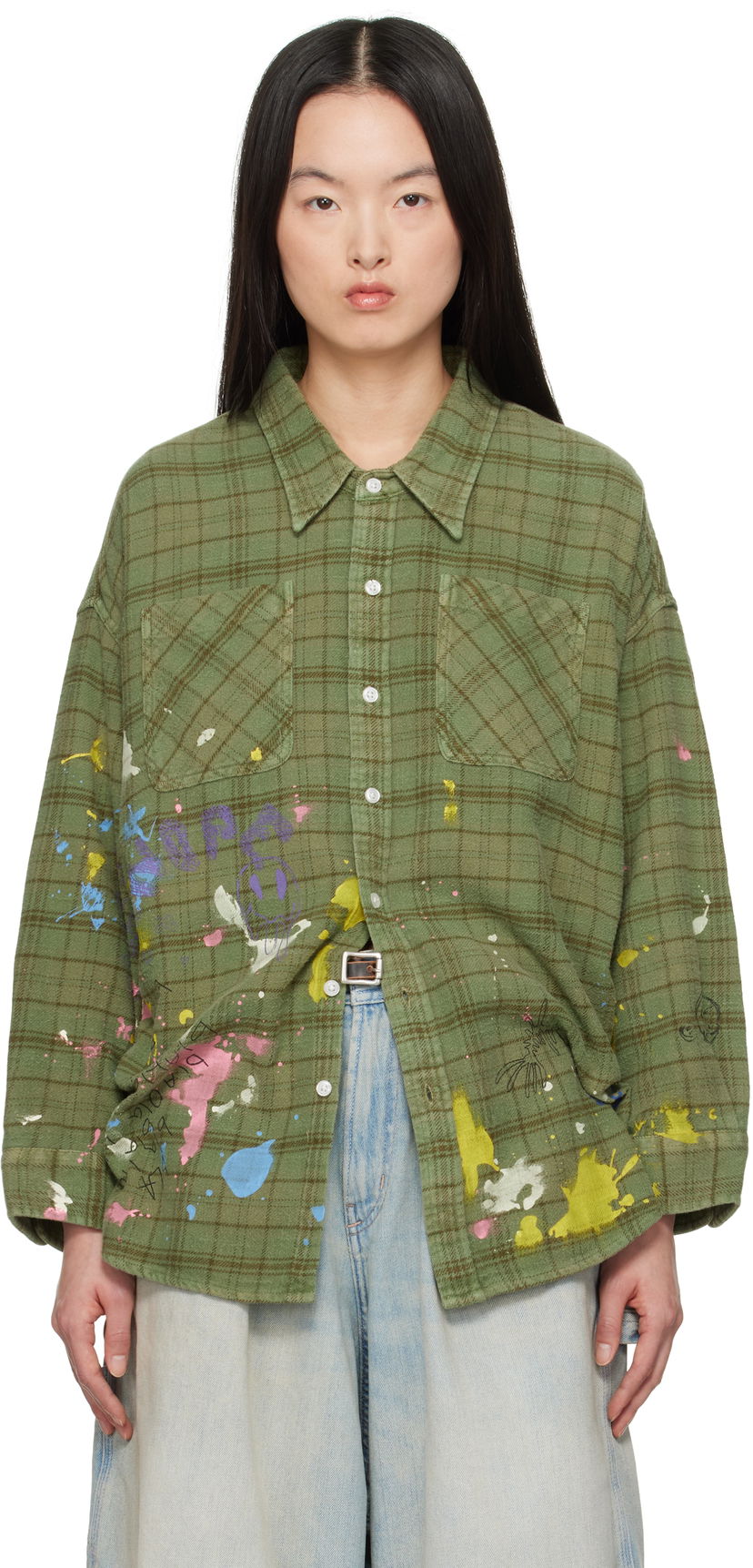 Srajce R13 R13 Drop Neck Paint Splatter Plaid Work Shirt Zelena | R13WR015-R526B