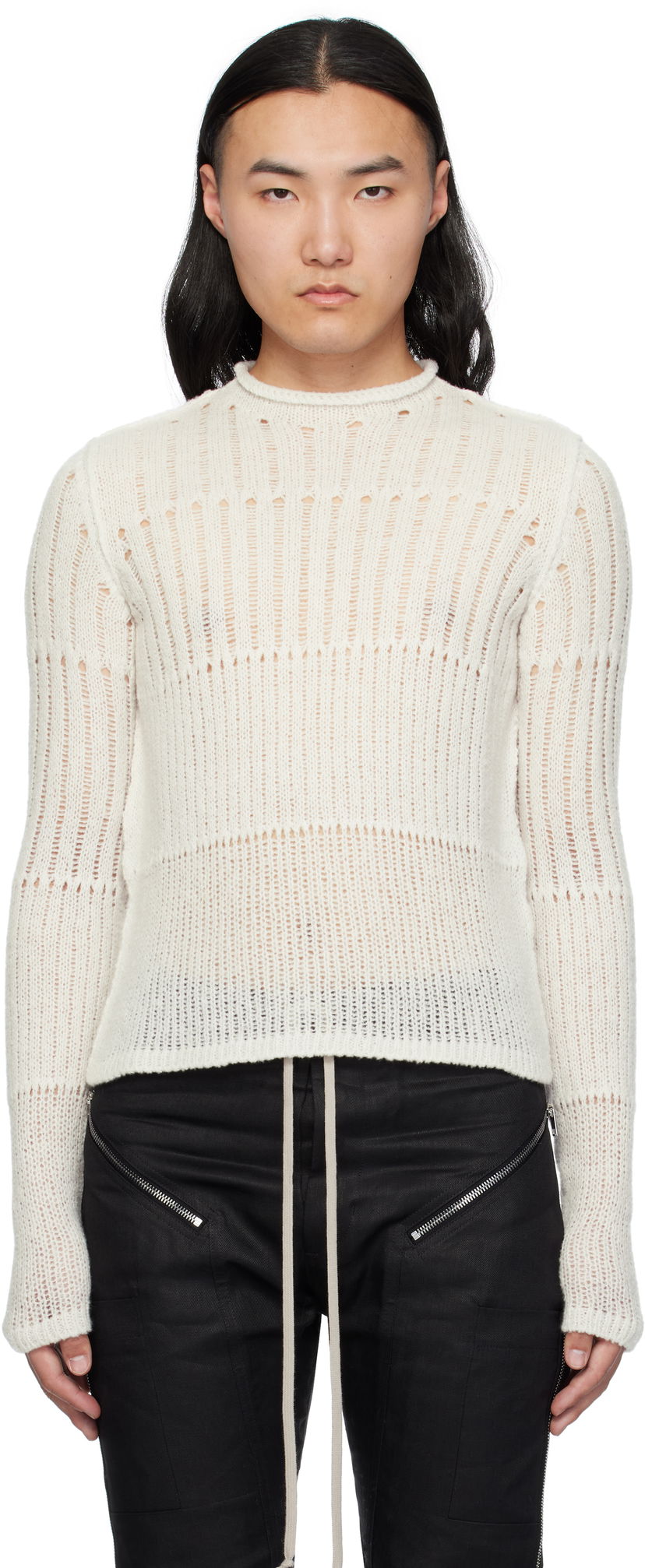 Pleteni pulover Rick Owens Rick Owens Hollywood Grid Knit Cropped Sweater Bela | RU01E5680 KGRID