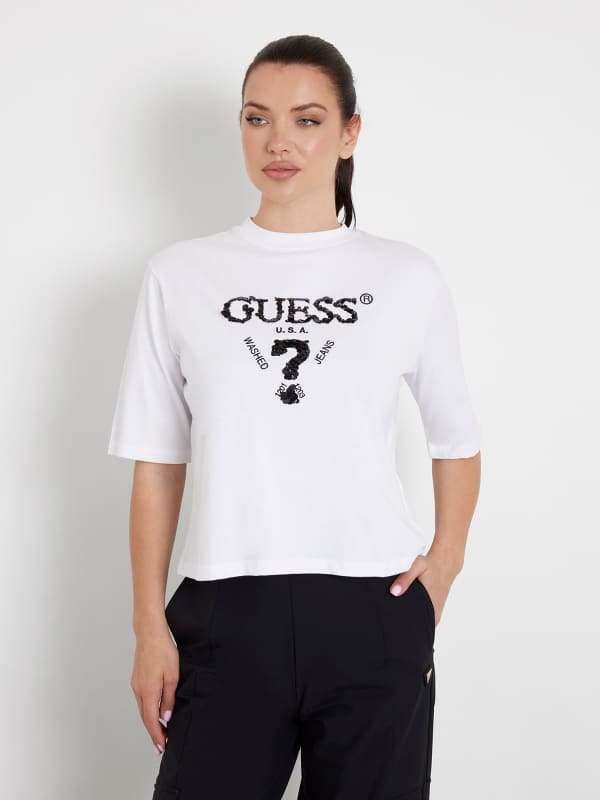 Majica GUESS Sequins Front Logo T-Shirt Bela | V4YI06I3Z14
