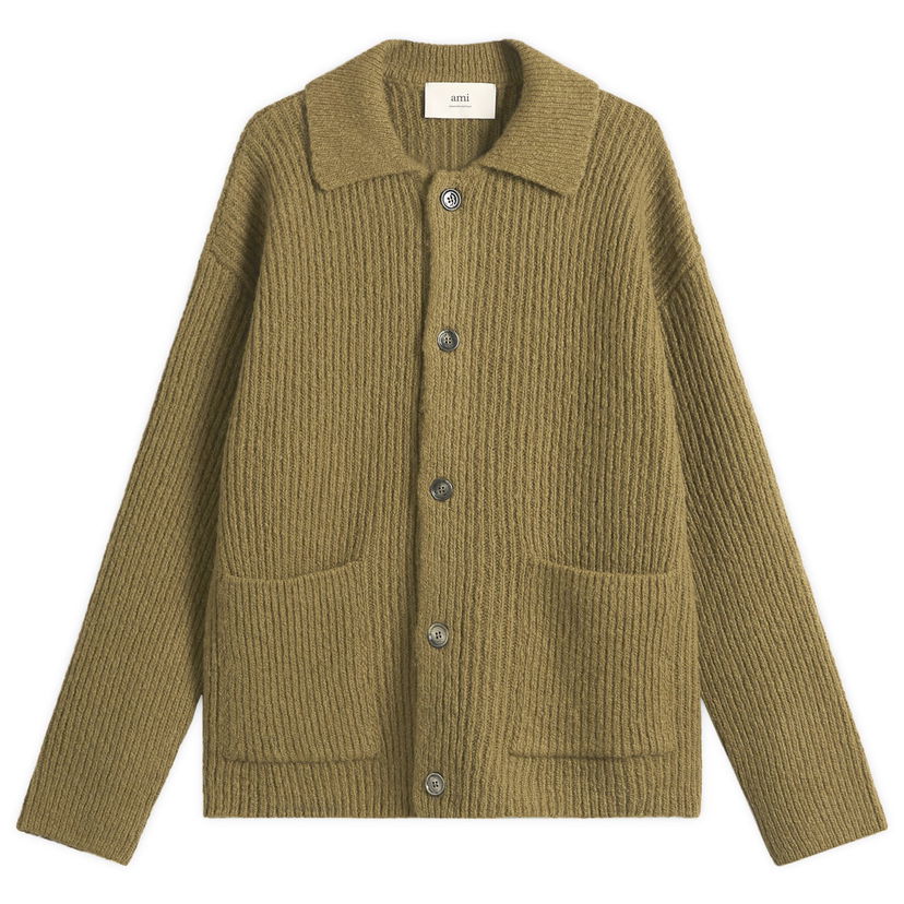 Pleteni pulover AMI Felted and Chunky Wool Ribbed Knit Cardigan, Size Large Zelena | H25HKC354-KN0112-298H25