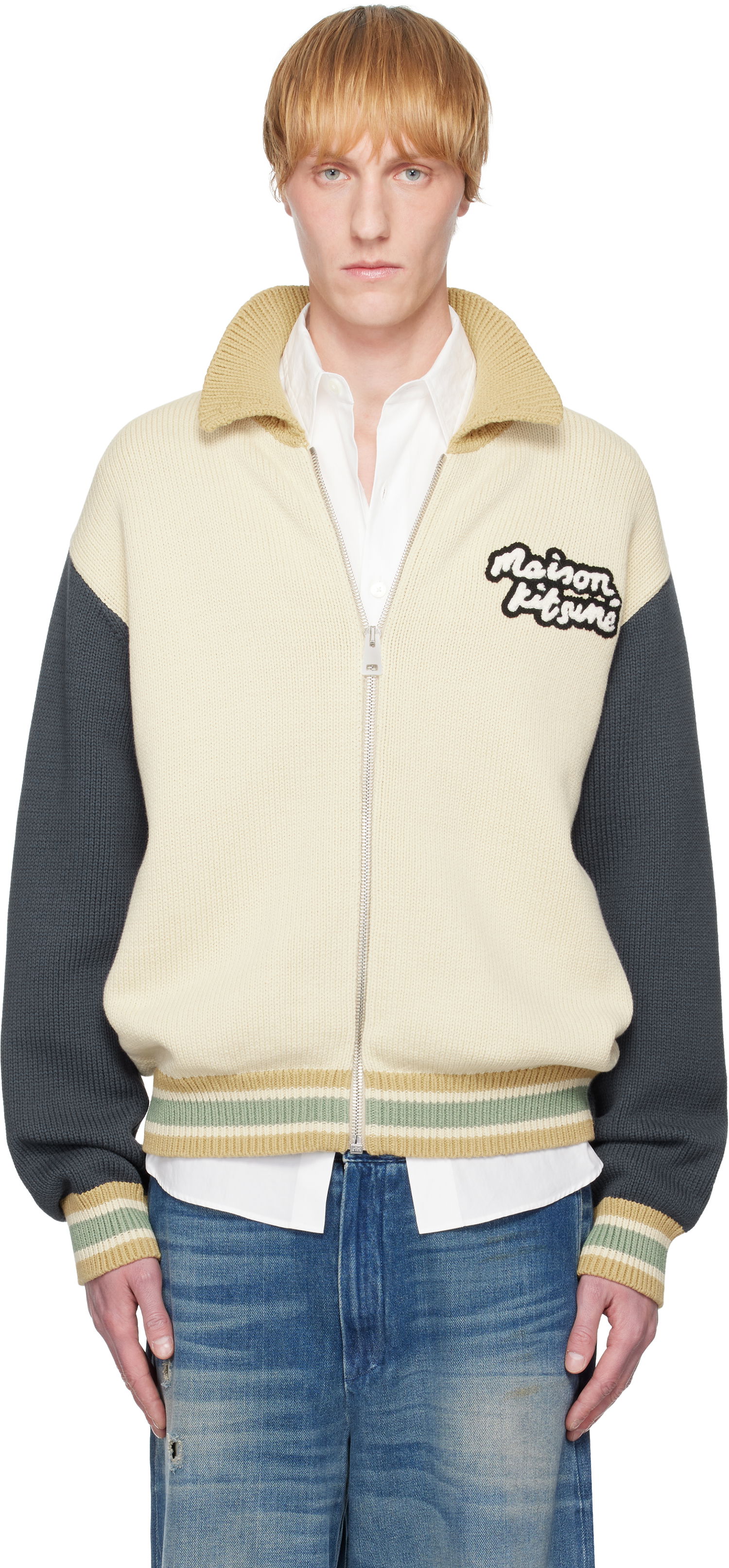 Pleteni pulover MAISON KITSUNÉ Maison Kitsuné Knitted College Bomber Jacket Bež | OM02131KT1139, 0