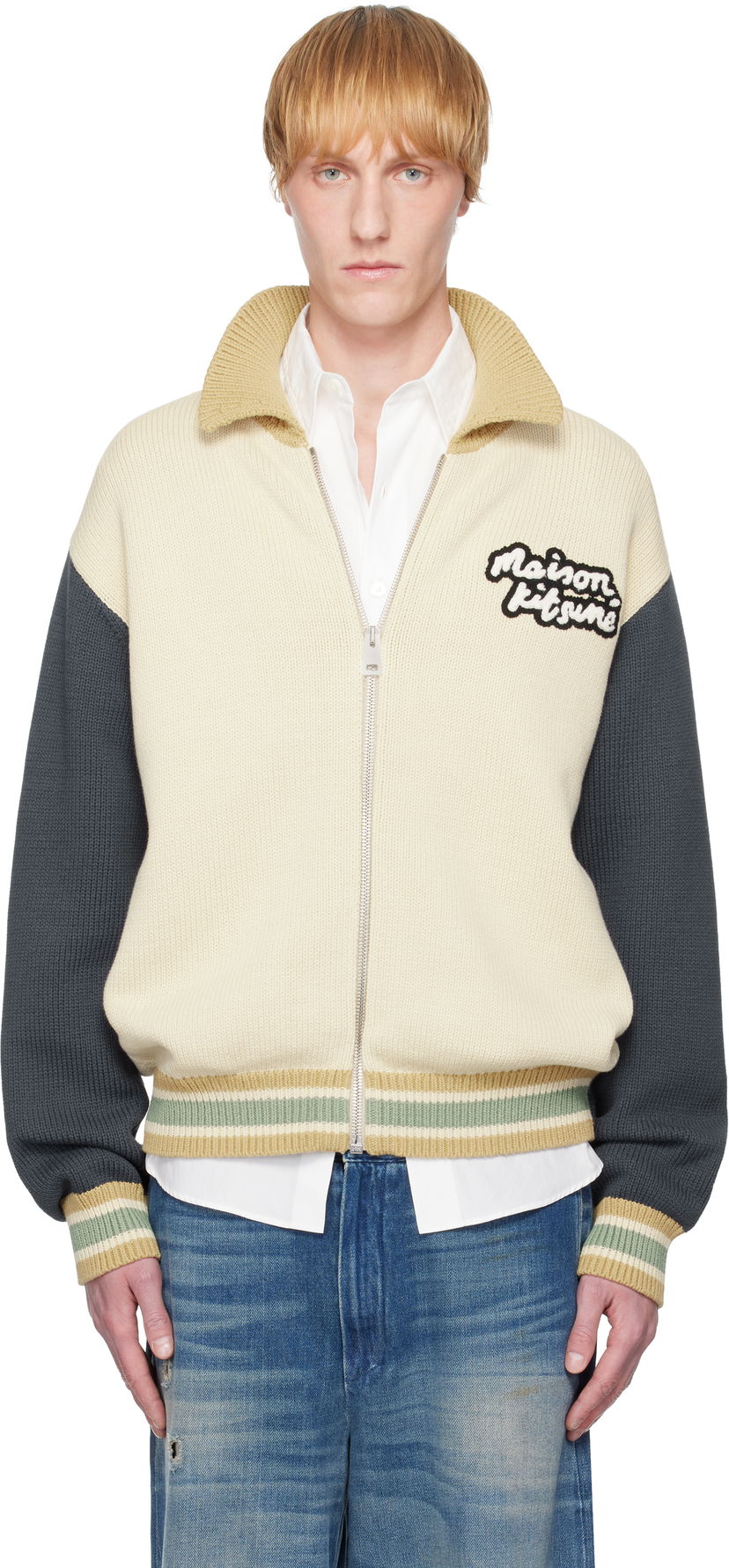 Pleteni pulover MAISON KITSUNÉ Maison Kitsuné Knitted College Bomber Jacket Bež | OM02131KT1139