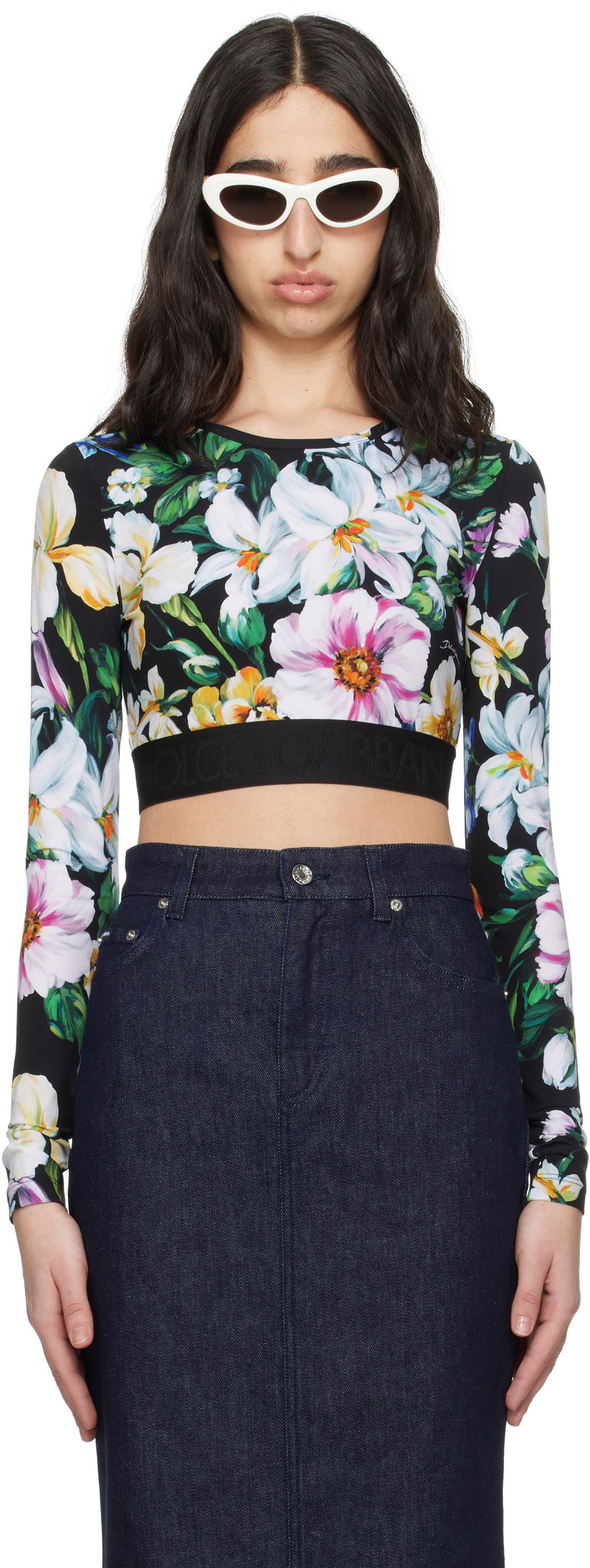 Krop-top Dolce & Gabbana Dolce&Gabbana Floral Print Activewear Crop Top Črna | F8N51T FSG8L