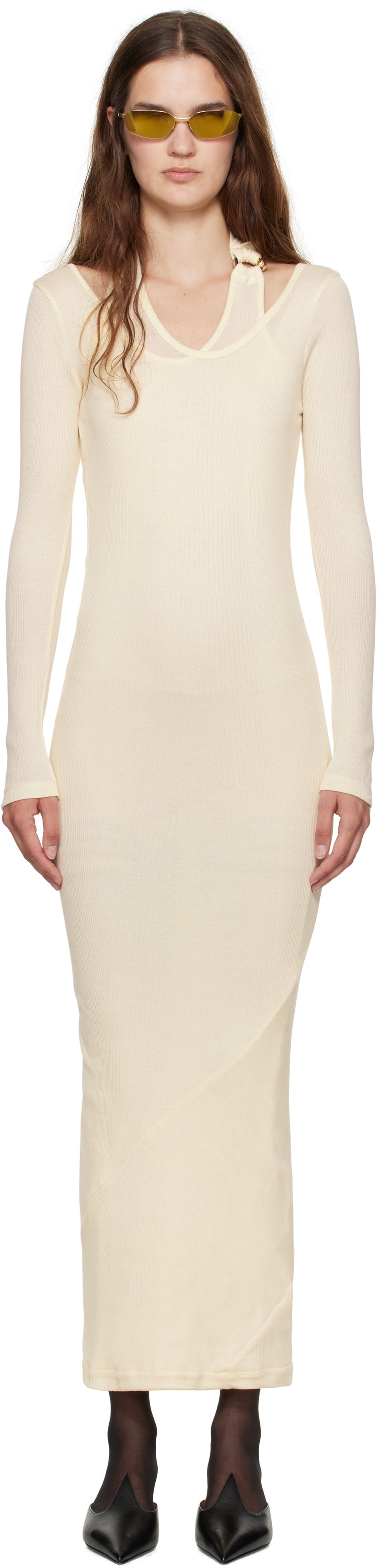Obleke Jean Paul Gaultier Jean Paul Gaultier Ribbed Twisted Double Layer Midi Dress Bež | 25/03-W-DR014-J000-03, 0