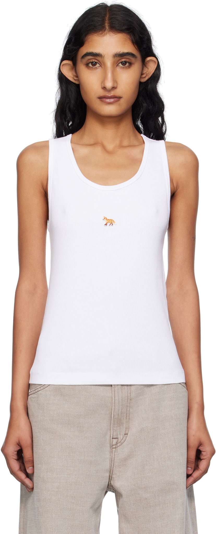 Majica brez rokavov MAISON KITSUNÉ Maison Kitsuné 'Baby Fox' Ribbed Tank Top Bela | PW00623KA0033
