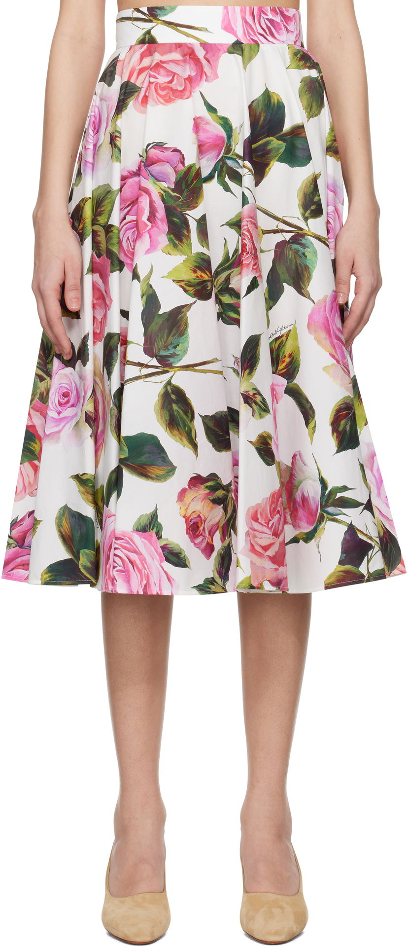 Krila Dolce & Gabbana Dolce&Gabbana Rose-Print Cotton Circle Midi Skirt Bela | F4C1XT HS5S4