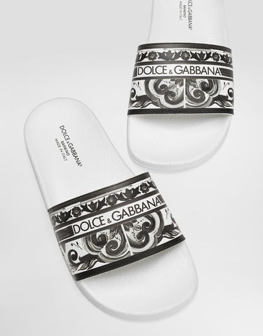 Modni dodatki Dolce & Gabbana Dolce & Gabbana Majolica-Print Calfskin Slides Bela | DD0318A1838IU3TN, 3