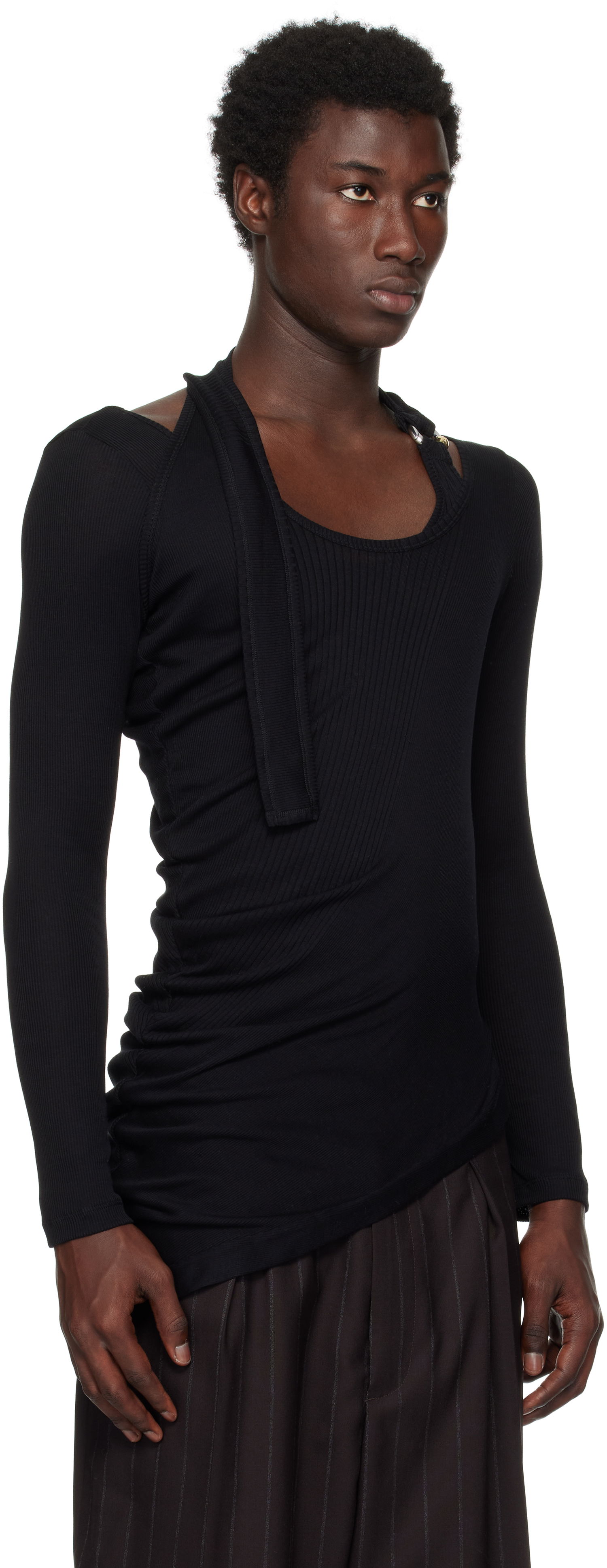 Majica Jean Paul Gaultier Jean Paul Gaultier Ribbed Twisted Double Layer Piercing T-Shirt Črna | 25/03-W-TO287-J000-00, 1