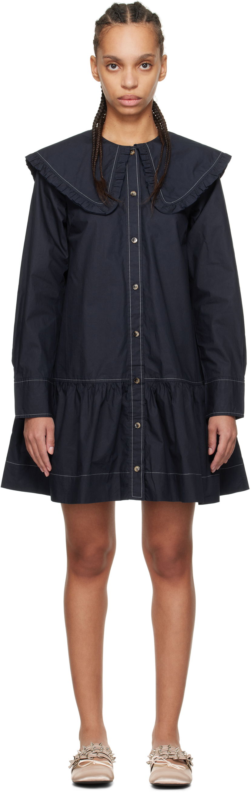 Obleke GANNI Ganni Ruffle Collar Drop Waist Minidress Mornarica | W0157